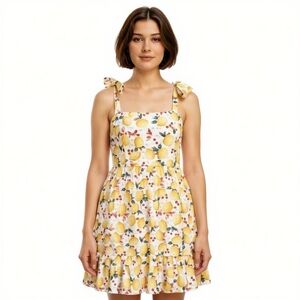 Womens Dress Size Large Lemon Cherry Print Midi Ruffle Hem Wide Strap Sundress